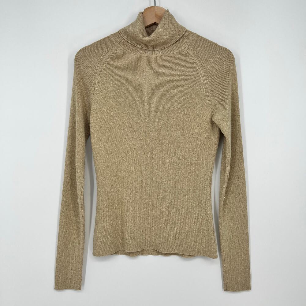 Cache Turtleneck Metallic Gold Womens Med Roll Neck Body Con Ribbed Knit Stretch